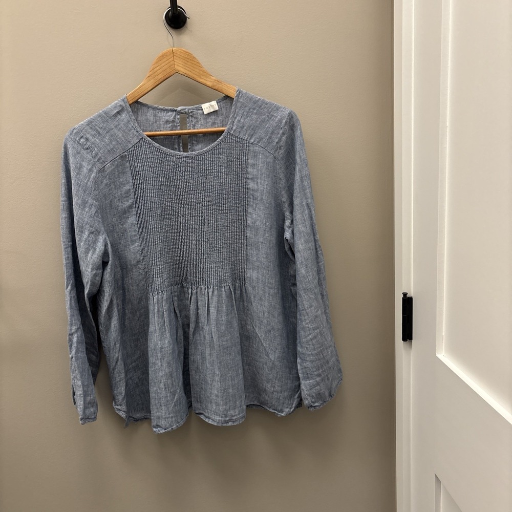 Poetry 100% Linen Button Shirt Top Blue Chambray, 3/4 Sleeve, Size 10